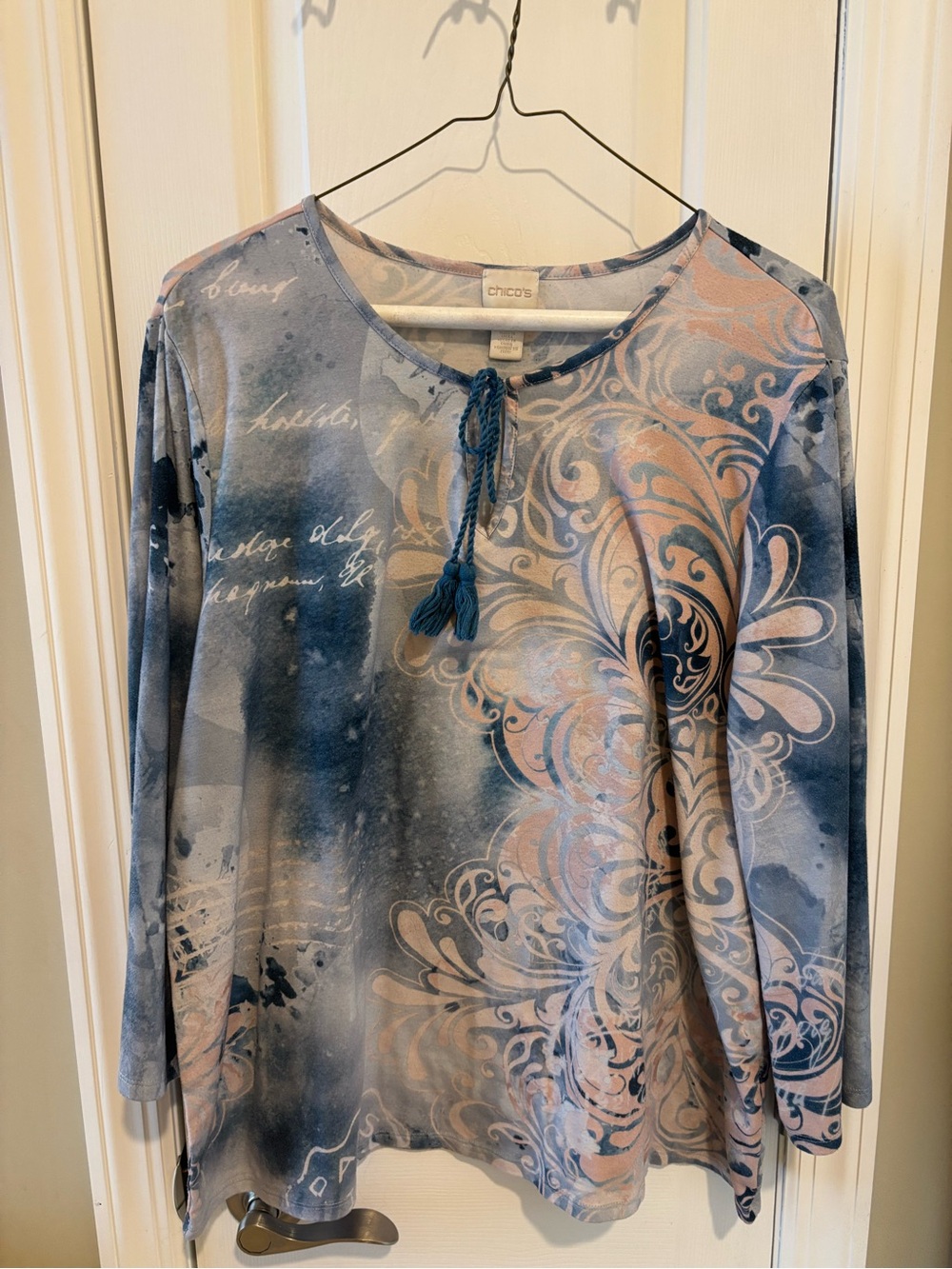 Chico's Blue and Pink Swirl Tie-Neck Long Sleeve Top